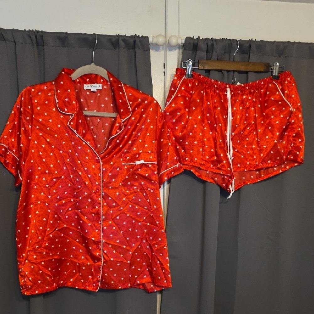 In Bloom By Jonquil Women's Red W/White Hearts Satiny‎ Pajama Set Sz XL EUC